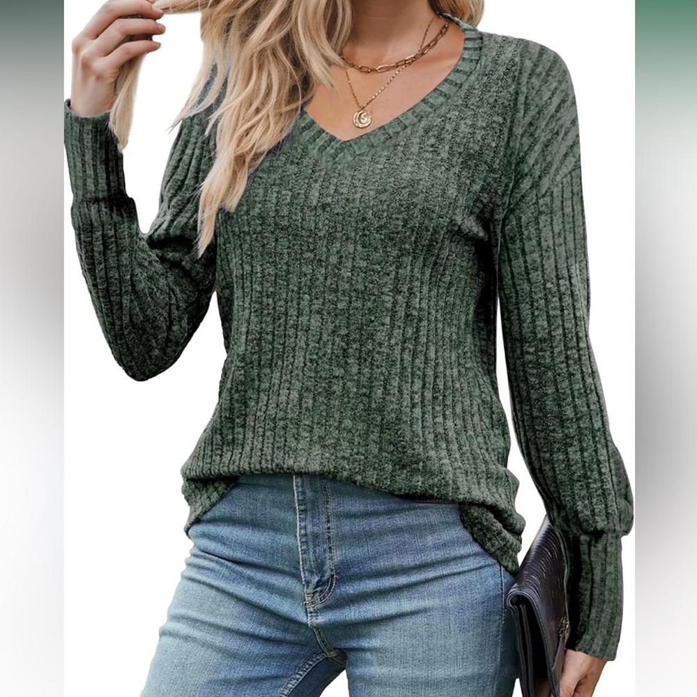 🌺Womens V Neck Green Long Sleeve Tunic Dressy/Casual Lightweight Sweater NIOP.